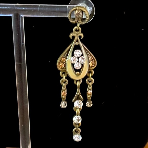 Chandelier cream color enamel clear & amber rhinestones set in antique brass - Picture 2 of 5